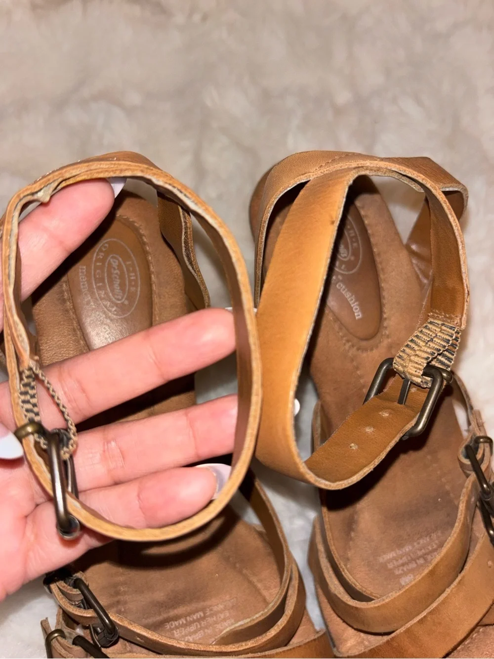 Dr. Scholls Tan Leather Buckle Platform Heels
